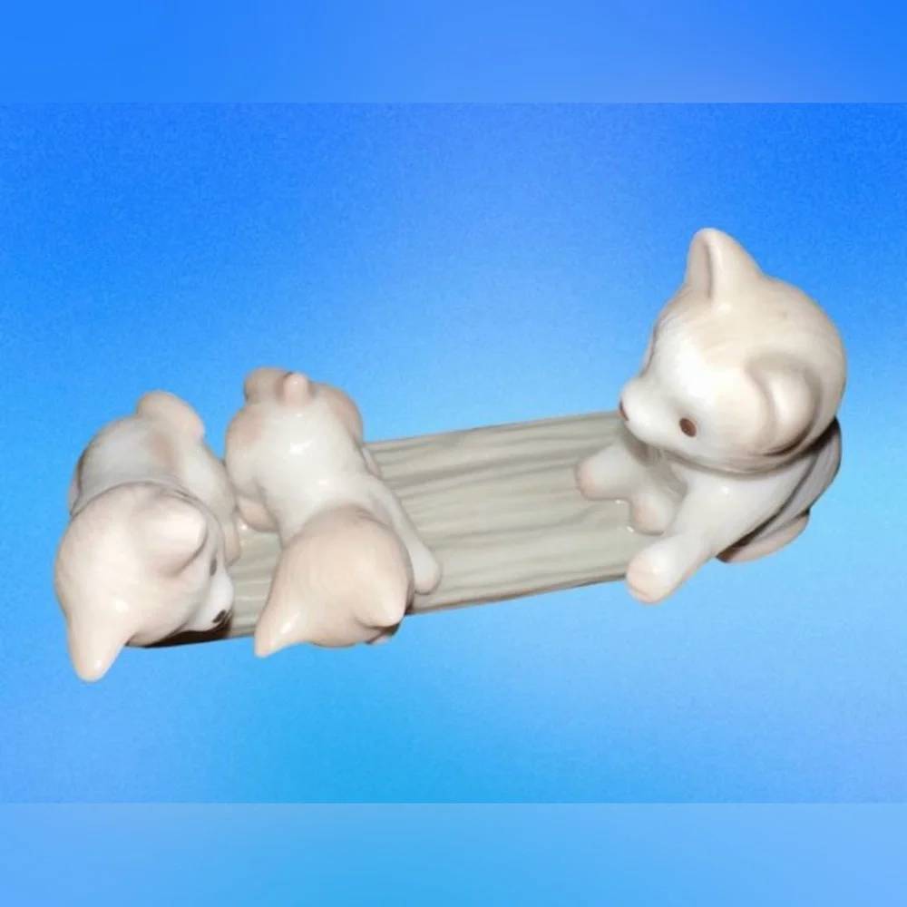 Cat Family Porcelain Figurine with Playful Kittens and Mother Kitty on‎ a Log